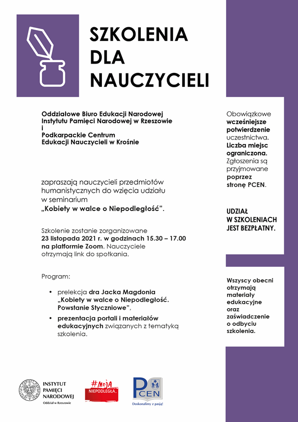Konferencja przedmiotowo-metodyczna Kobiety w walce o Niepodległość cz. 1 Powstanie Styczniowe - zaproszenie w formie plakatu